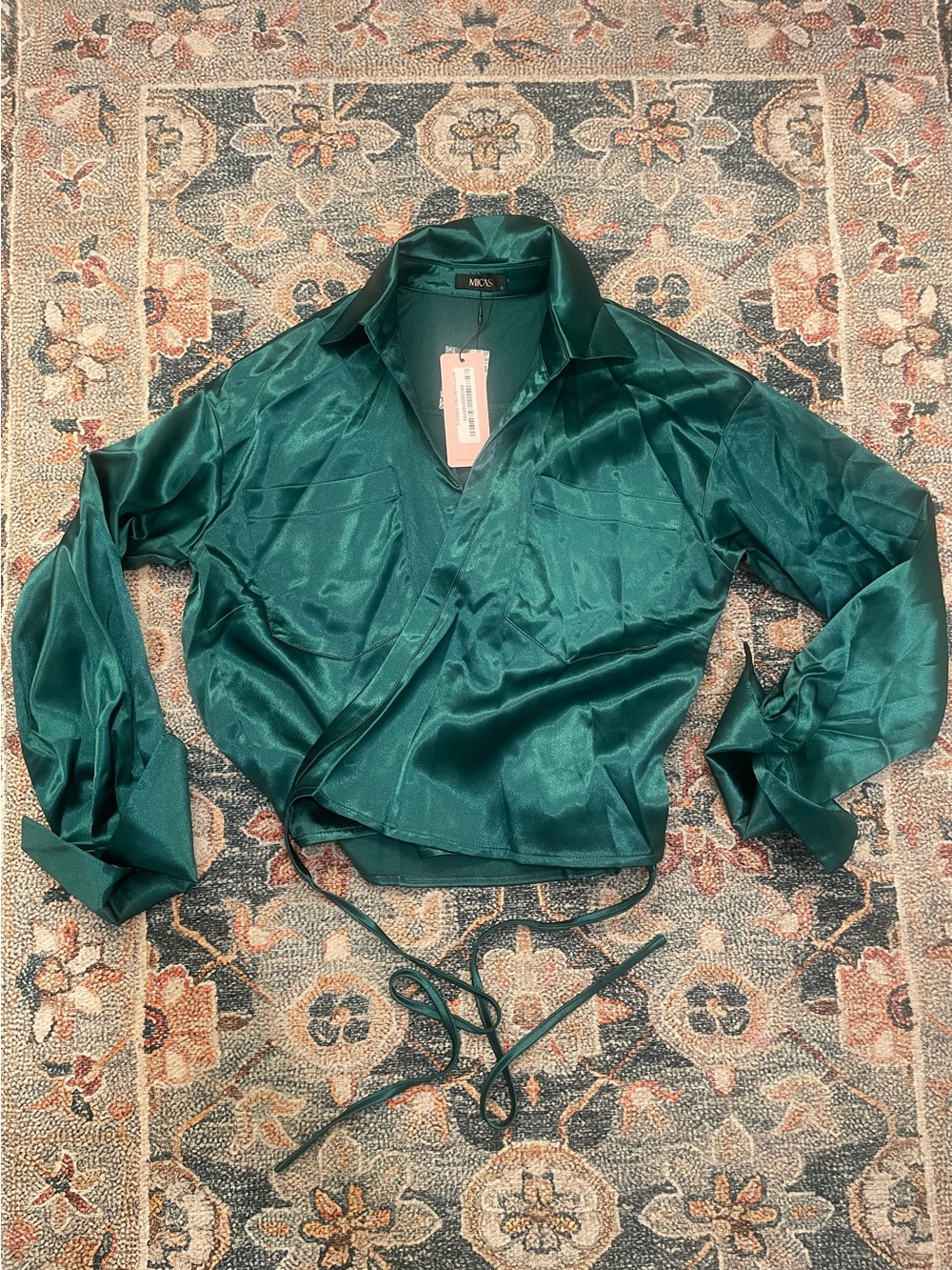 Micas Deep Green Satin Wrap Shirt with Cuffed Sleeves - S